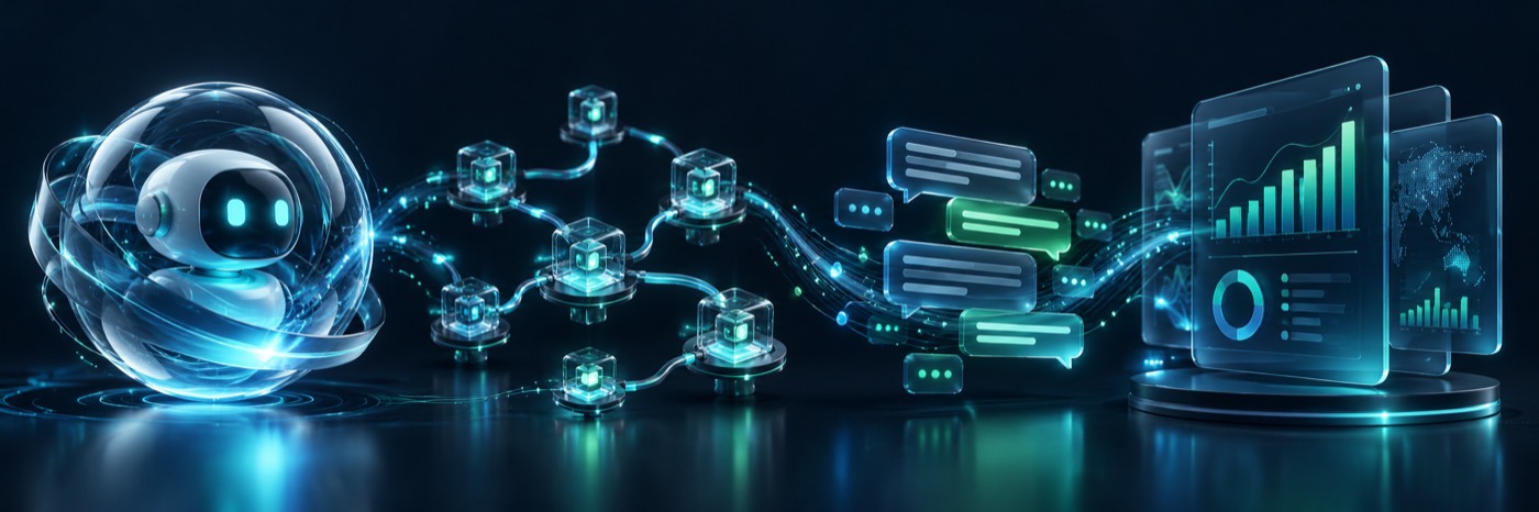 3D illustration of an AI assistant connected to workflow nodes, messaging and business dashboards